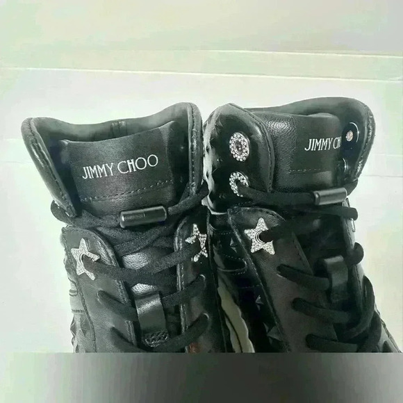 Authentic Jimmy Choo Hawaii/F Leather High-Top Sneakers - Black 36 - Picture 3 of 9